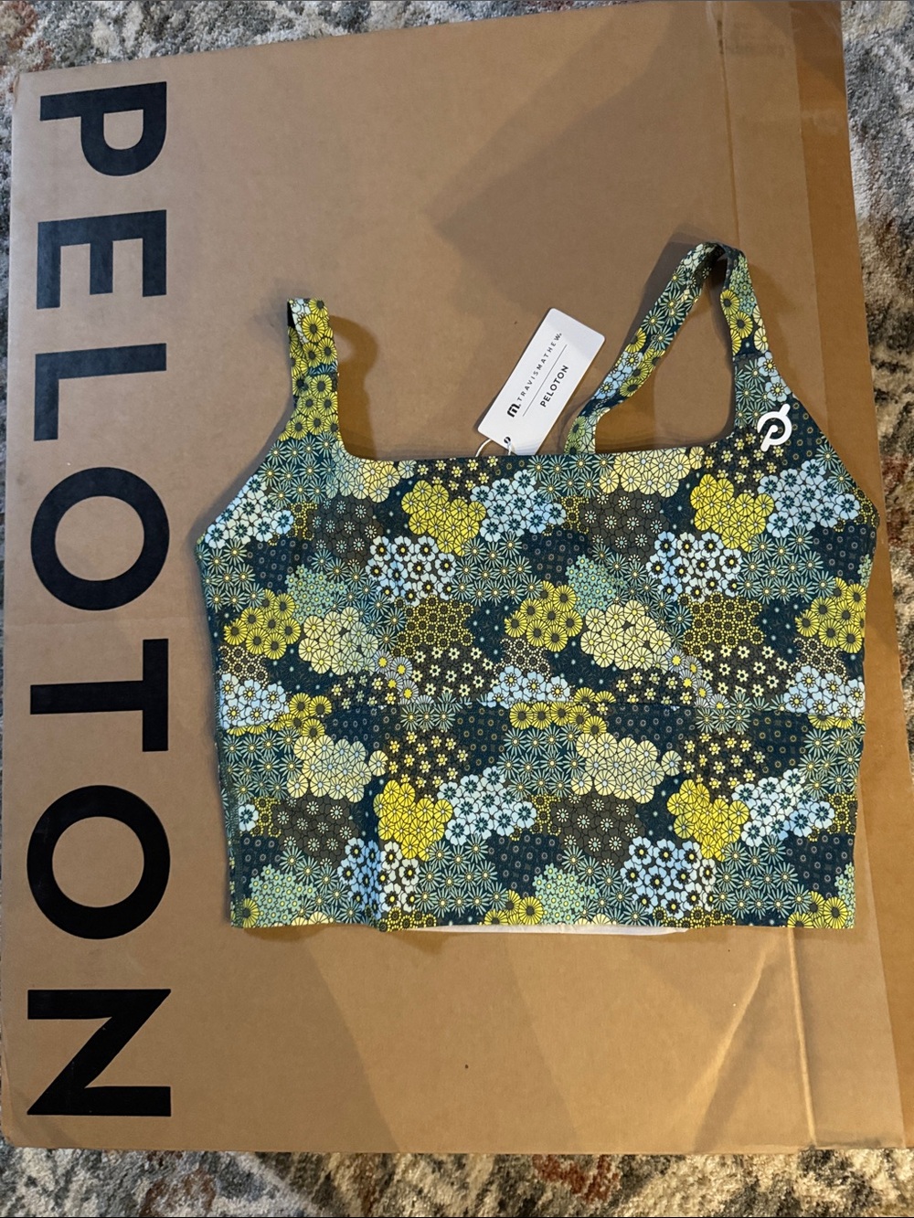 Peloton Travis Matthew’s Long Line Sports Bra, Blue & Green Floral